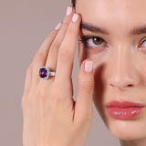 925 Platinum Plated Sterling Silver Solitaire Ring with Amethyst and Cubic Zirconia Pavé