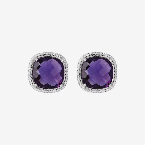 Amethyst Stud Earrings in 950 Platinum Plated Sterling Silver with Cubic Zirconia Pavé