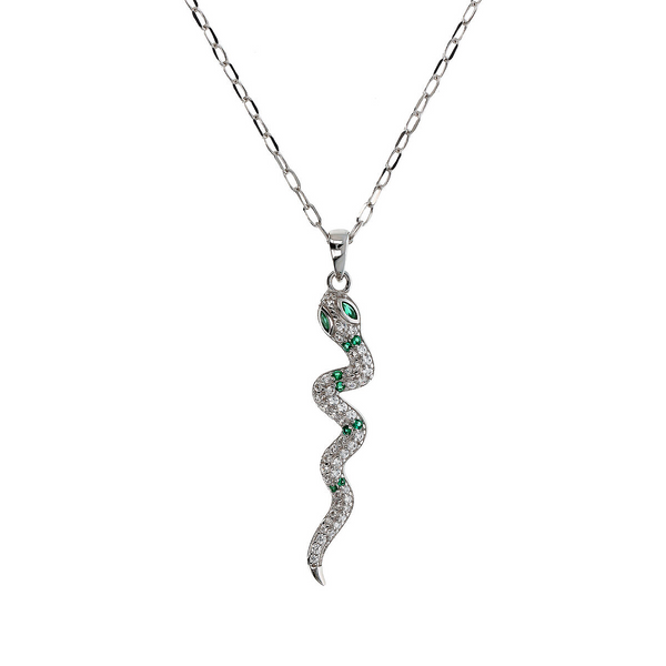 Halskette aus rhodiniertem 925er-Silber mit weißem und grünem Zirkonia-Pavé-Schlangenanhänger