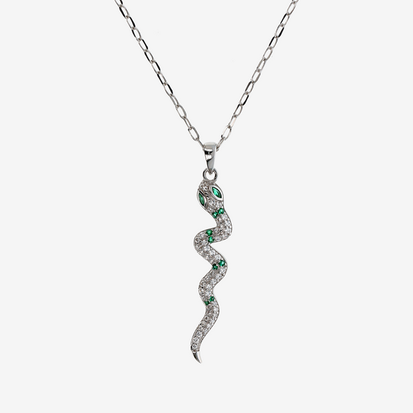 Collana in Argento 925 placcato Rodio con Pendente Serpente in Pavé di Cubic Zirconia Bianche e Verdi