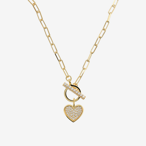 Collana in Argento 925 placcato Oro Giallo 18Kt con Pendente Cuore in Pavé di Cubic Zirconia