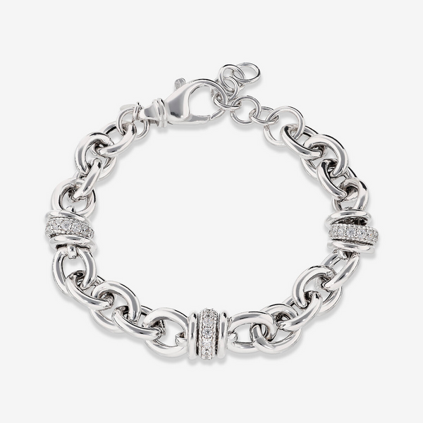 Bracciale Maglia Rolo in Argento 925 placcato Rodio con Rondelle in Pavé di Cubic Zirconia