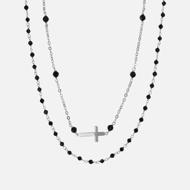 Necklace Set with Cross and Rosary in 952 Silver with Faceted Black Spinel