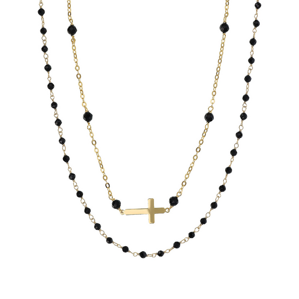 Necklace Set with Cross and Rosary in 952 Silver with Faceted Black Spinel
