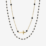 Parure Collier Croix et Chapelet en Argent 952 avec Spinelle Noir Facetté