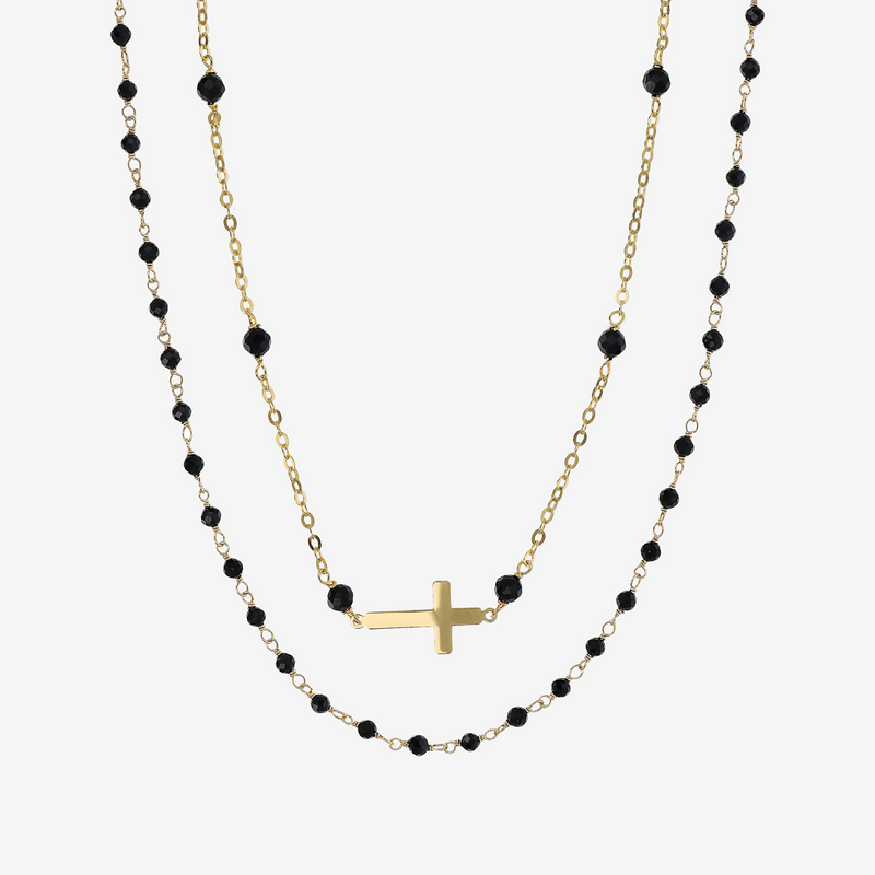 Parure Collier Croix et Chapelet en Argent 952 avec Spinelle Noir Facetté