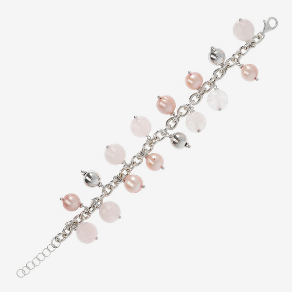 Bracelet avec chaîne jaseron et charms en quartz rose et perles d'eau douce roses