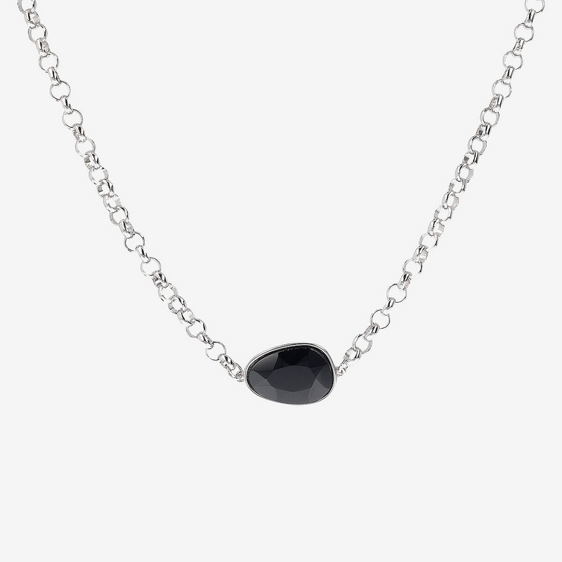 Silver Necklace with Faceted Black Spinel Oval Shape