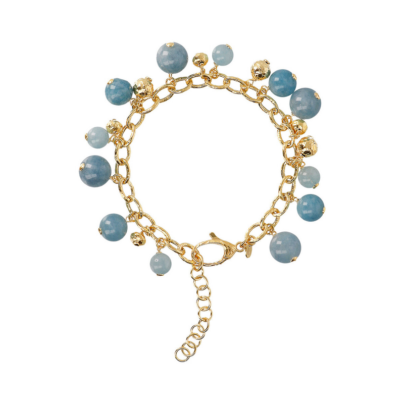 Charms Bracelet with Natural Stones and Hammered Beads in 18Kt Yellow Gold Plated 925 Silver