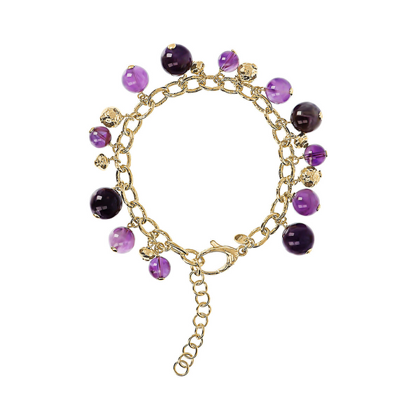 Bracciale Charms con Pietre Naturali e Bead Martellate in Argento 925 placcato Oro Giallo 18Kt