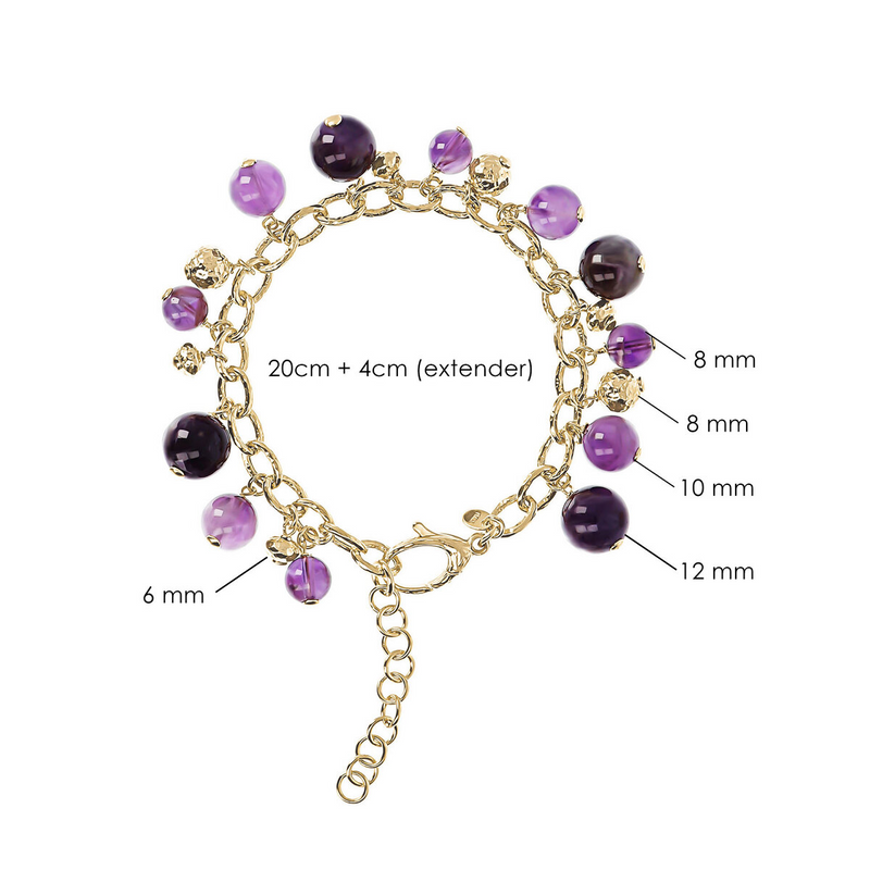 Charms Bracelet with Natural Stones and Hammered Beads in 18Kt Yellow Gold Plated 925 Silver