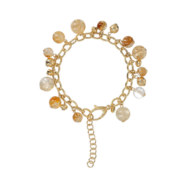 Charms Bracelet with Natural Stones and Hammered Beads in 18Kt Yellow Gold Plated 925 Silver
