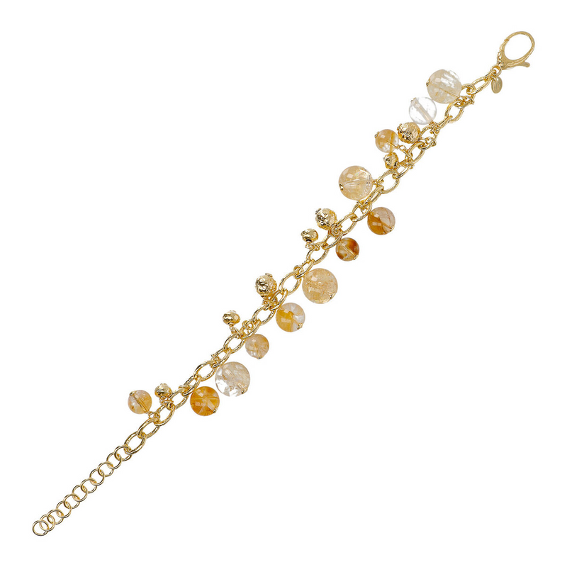 Charms Bracelet with Natural Stones and Hammered Beads in 18Kt Yellow Gold Plated 925 Silver