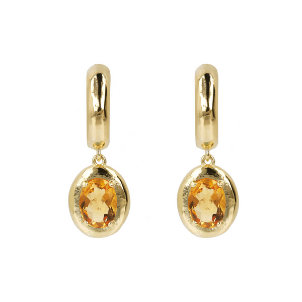 Hammered Drop Earrings in 18Kt Yellow Gold plated 925 Silver with Oval Natural Stone