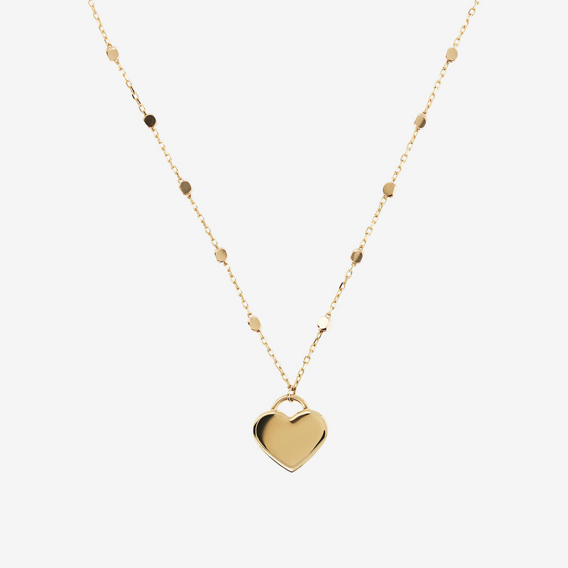 Necklace with Cubed Link and Heart Pendant in 375 Gold