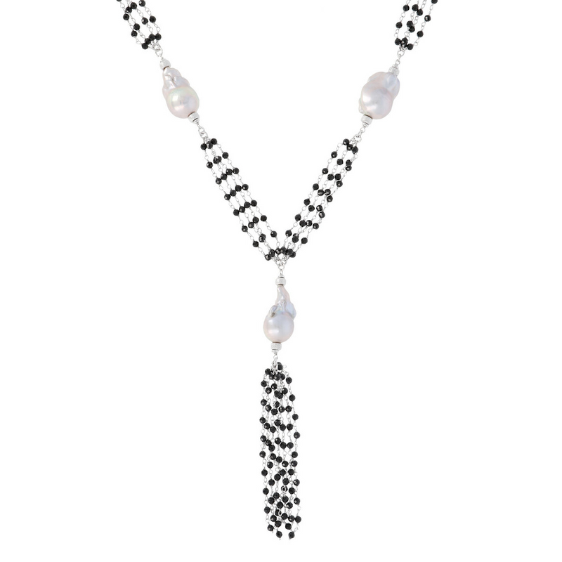 Tie Rosary Necklace with Freshwater Pearls and Black Spinel