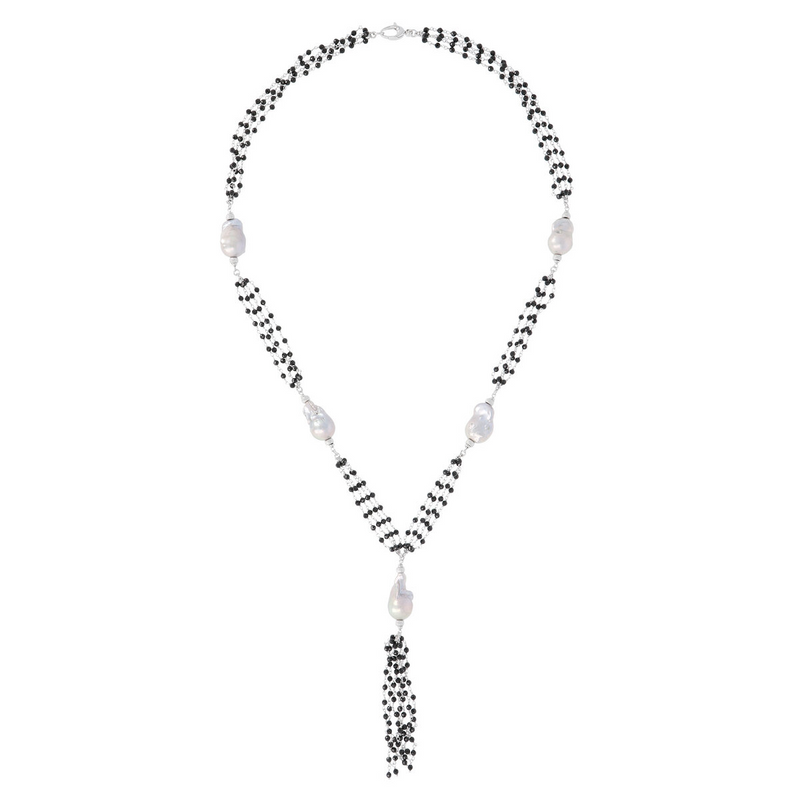 Tie Rosary Necklace with Freshwater Pearls and Black Spinel