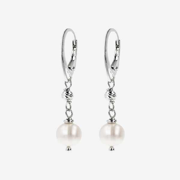 Orecchini Pendenti in Argento 925 placcato Oro Bianco 18Kt con Bead Diamantate e Perle Bianche d'Acqua Dolce Ø 6.5 mm