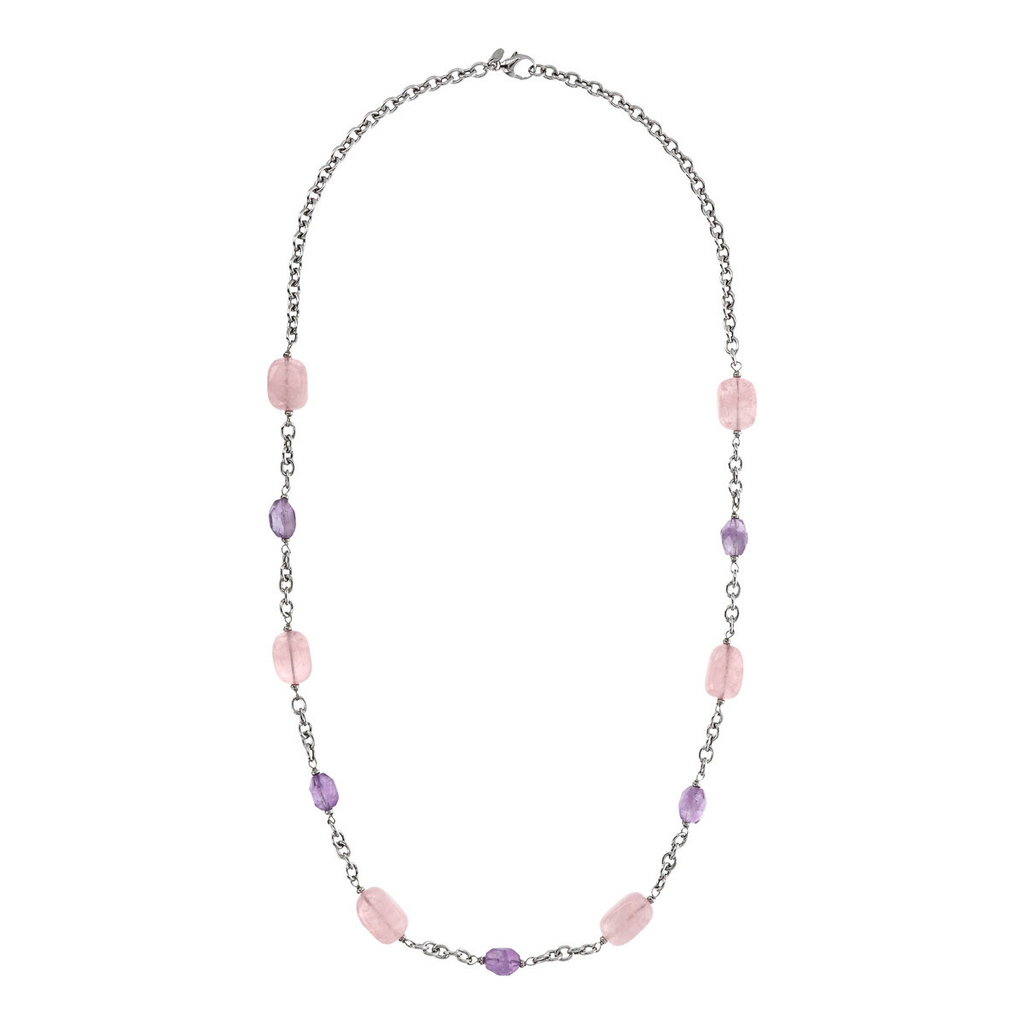 Collana Lunga Catena Rolo con Ametista Viola e Quarzo Rosa in Argento 925  placcato Rodio - Milor